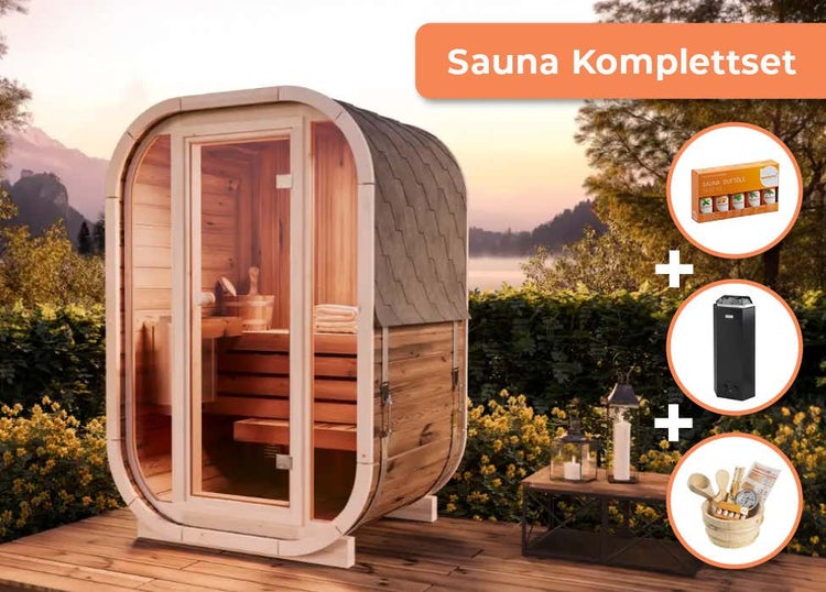 Komplettset Fasssauna aus Holz für den Garten mit Glasfront, Saunaofen, Zubehör-Set und verschiedenen Düften.
