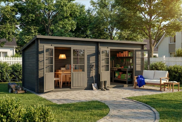 Organisiertes, graues Holz-Gartenhaus mit zwei Räumen für Büro und Geräteschuppen auf einer Steinterrasse im hellen Garten mit Gartenmöbeln.