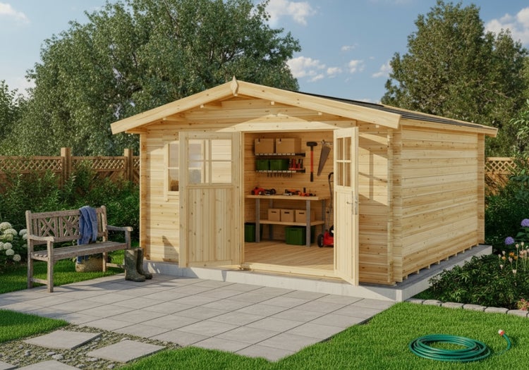 Garten Szene mit offenem Holzgartenhaus, Bank und Gartengeräten