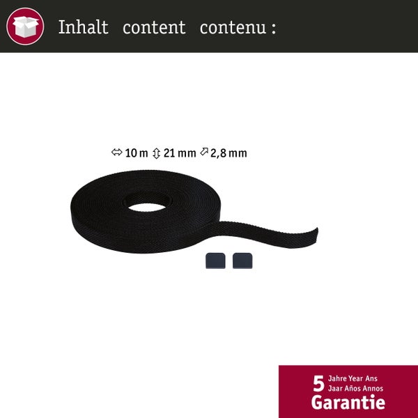 Rollladengurt mit 10 Meter Länge, 21 Millimeter Breite und 2,8 Millimeter Dicke inklusive zwei Kappen und 5 Jahre Garantie.