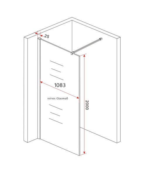Technische Zeichnung einer Duschkabine mit Maßangaben