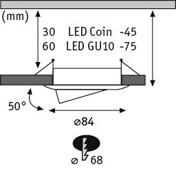 Technische Zeichnung der Einbaumaße für einen schwenkbaren LED Einbaustrahler mit 84 Millimeter Durchmesser und 68 Millimeter Ausschnittmaß.