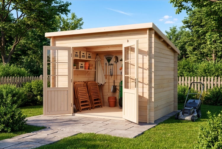Gartenhaus aus Holz mit Pultdach, offener Doppeltür mit Fenstern, innen eingeräumt mit Gartengeräten und Möbeln auf einer Terrasse.