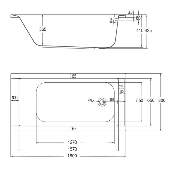 Technische Zeichnung einer Badewanne mit Maßangaben