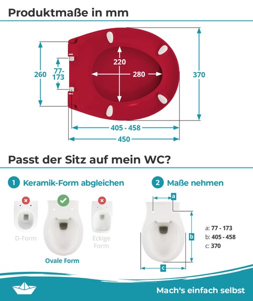 Calmwaters® Premium WC Sitz einfache Montage, Toilettendeckel bis 250 kg, Made in EU, antibakterieller Duroplast, Absenkautomatik, 2 Montage Optionen, abnehmbar, Klobrille, oval, Rot