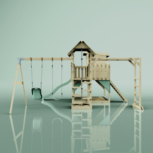 Holzspielplatz mit Schaukel, Rutsche und Kletterturm