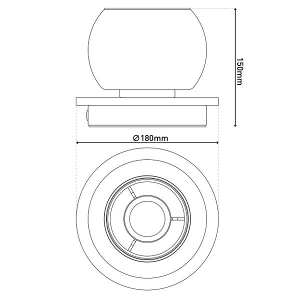Technische Zeichnung einer Leuchte mit den Maßen 150 Millimeter Höhe und 180 Millimeter Durchmesser