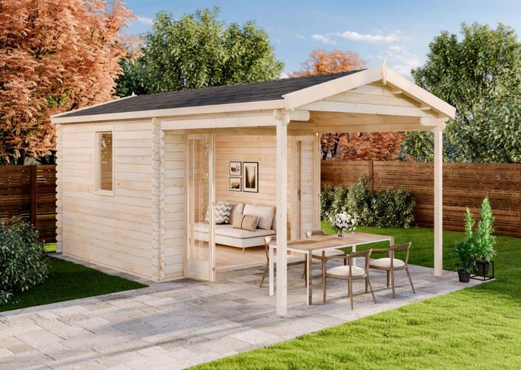Alpholz Gartenhaus Spessart ISO Gartenhaus aus Holz, Holzhaus mit 44 mm Wandstärke inklusive Schleppdach, Blockbohlenhaus mit Montagematerial, Naturbelassen 3,8x6,8m