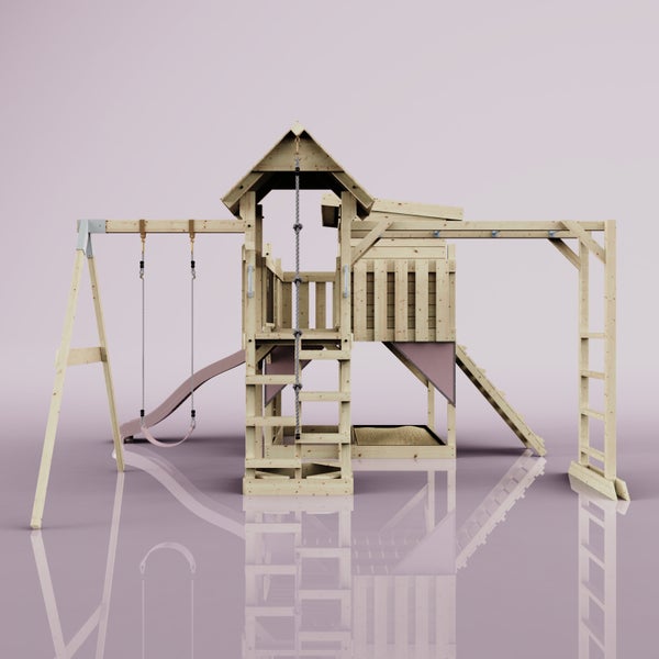 Spielturm aus Holz mit Schaukel, Rutsche und Kletterleiter