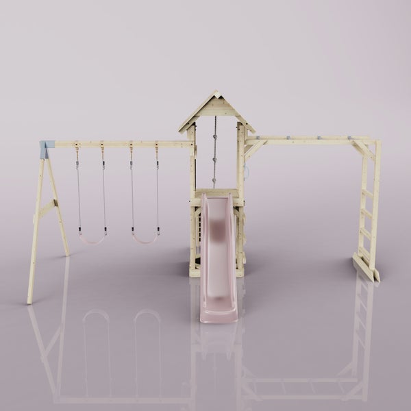 Spielturm aus Holz mit Schaukel, Rutsche und Kletterleiter