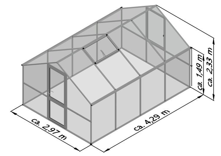 Gewächshaus mit Abmessungen von circa: Breite 2,97 Meter, Länge 4,29 Meter, Firsthöhe 2,33 Meter, Seitenwandhöhe 1,49 Meter.