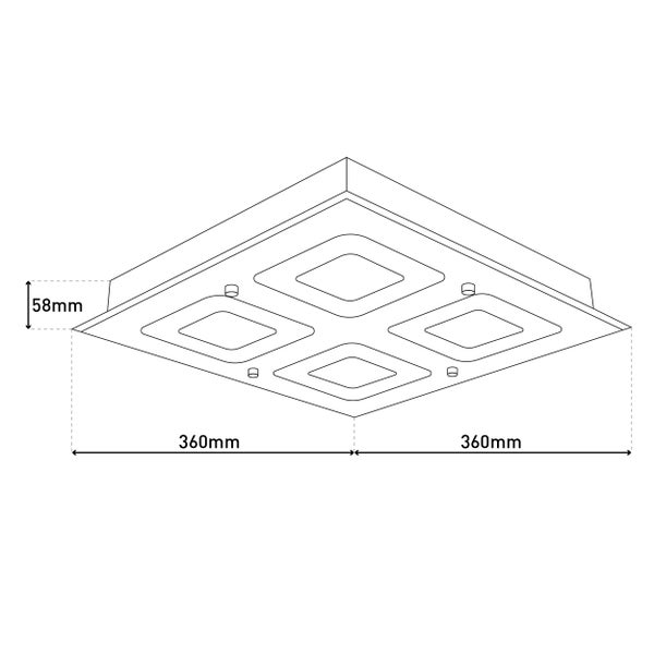 Technische Zeichnung einer Deckenleuchte mit den Maßen 360 Millimeter mal 360 Millimeter und einer Höhe von 58 Millimetern.