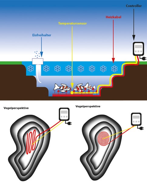 Darstellung eines Teichheizungssystems mit Temperaturregler, Heizkabel, Temperatursensor und Eisfreihalter