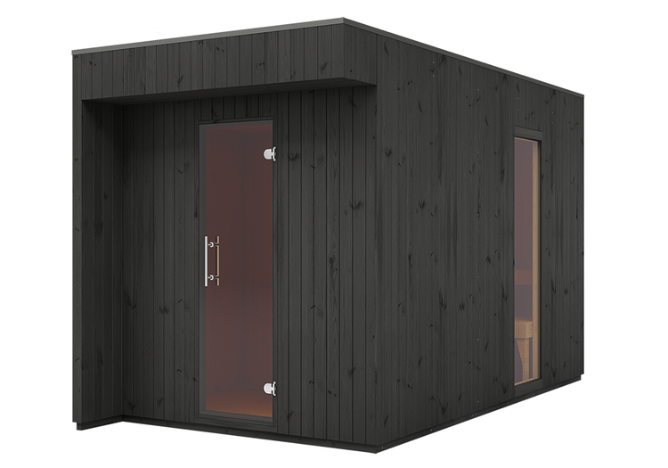 Moderne Außensauna aus dunklem Holz mit Flachdach, Glastür und seitlichem Fenster.