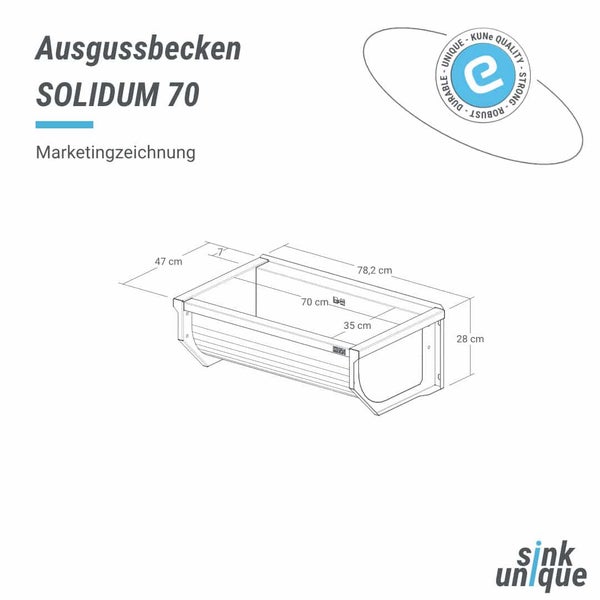 Abbildung eines Ausgussbeckens Solidum 70 mit Maßangaben