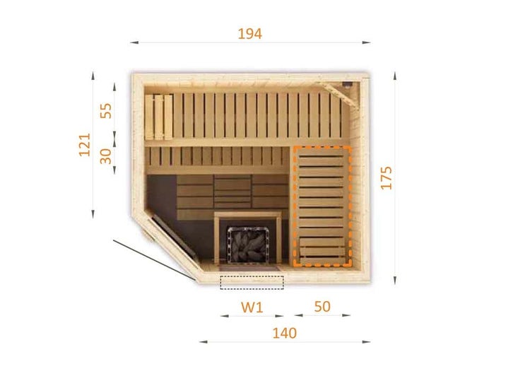 Grundriss einer Holzsauna mit Maßangaben 194 mal 175 Zentimeter, zeigt Innenaufteilung mit Sitzbänken und Saunaofen in der Draufsicht.