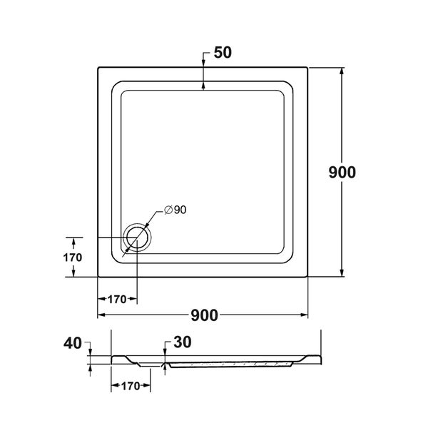 Technische Zeichnung einer Duschwanne mit Maßangaben