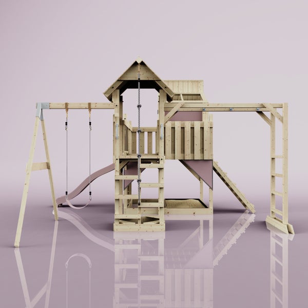 Holzspielturm mit Schaukel, Rutsche, Kletterleiter und Sandkasten für den Garten