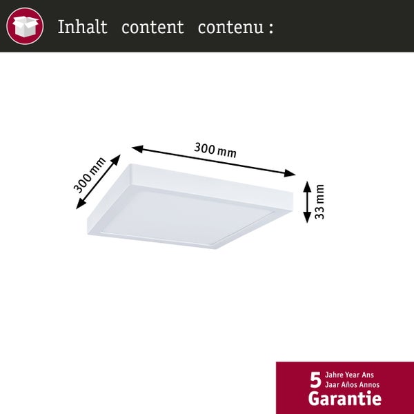 Quadratische LED Deckenleuchte mit technischen Details und Montageanleitung für einfache Installation.