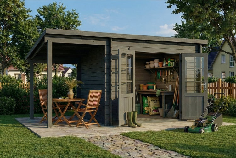 Alpholz Gartenhaus Maria mit Schleppdach aus Holz 450 x 272 cm mit 28 mm Wandstärke und Imprägnierung Grau