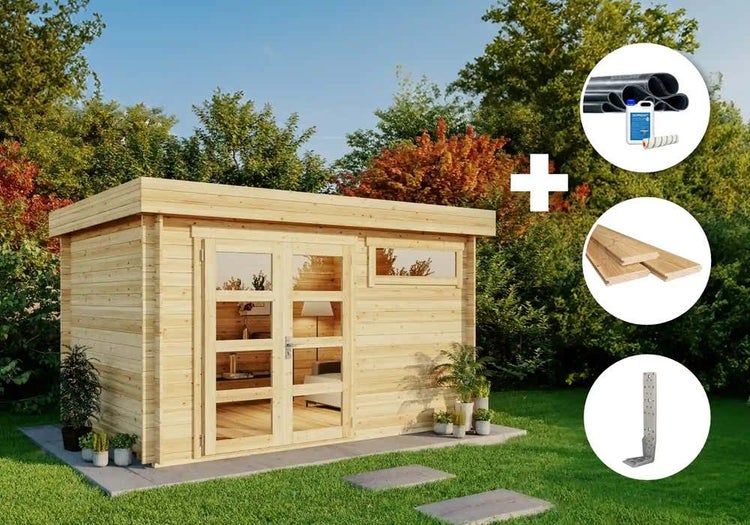 Gartenhaus aus Holz mit Flachdach, inklusive EPDM-Dachfolie, Fußboden und Bodenankern im hellen, organisierten Garten.