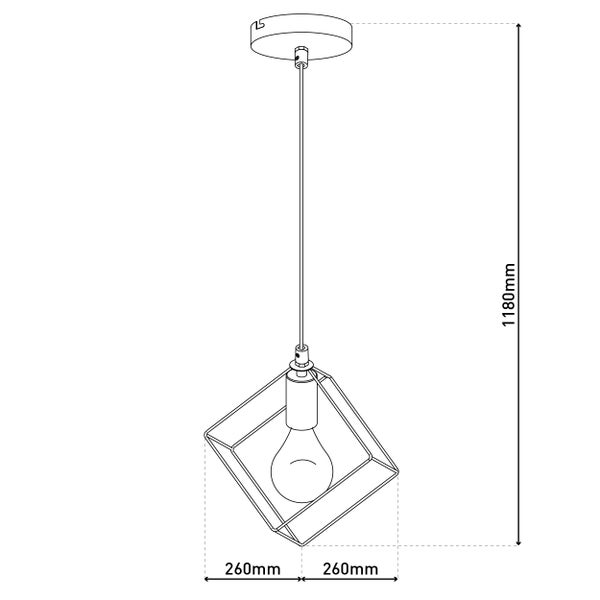 Technische Zeichnung einer Pendelleuchte mit den Maßen 260 mm x 260 mm x 1180 mm