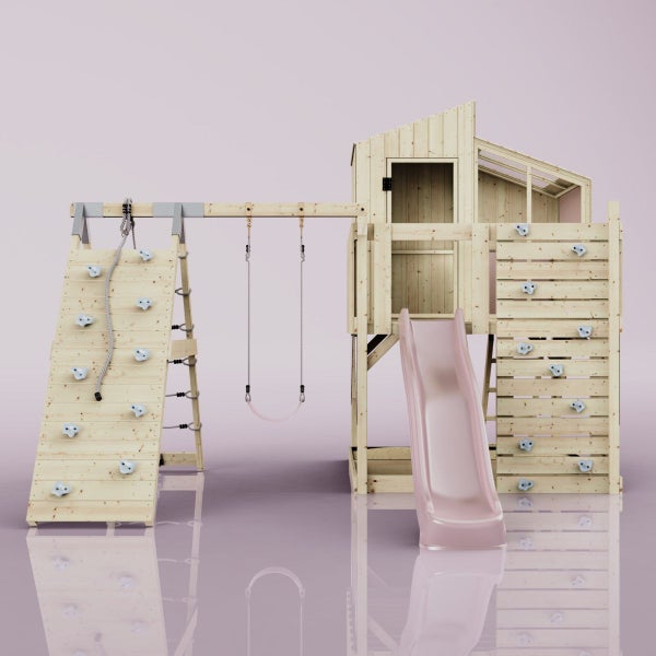 Spielturm mit Kletterwand, Schaukel und Rutsche für den Garten