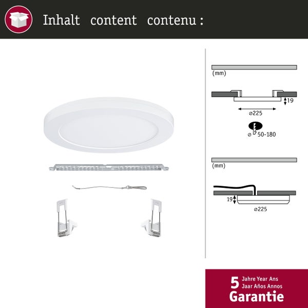 Technische Darstellung einer quadratischen LED Einbauleuchte mit Tuneable White Funktion, inklusive Montageanleitung und Produktdetails.