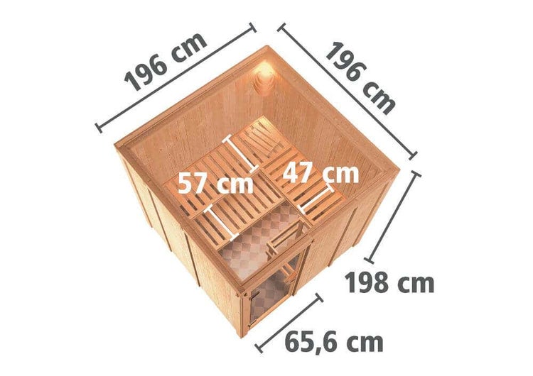 FinnTherm Innensauna Lanah mit Fronteinstieg aus Holz Innensauna mit 68 mm Wandstärke Saunakabine Infrarotsauna