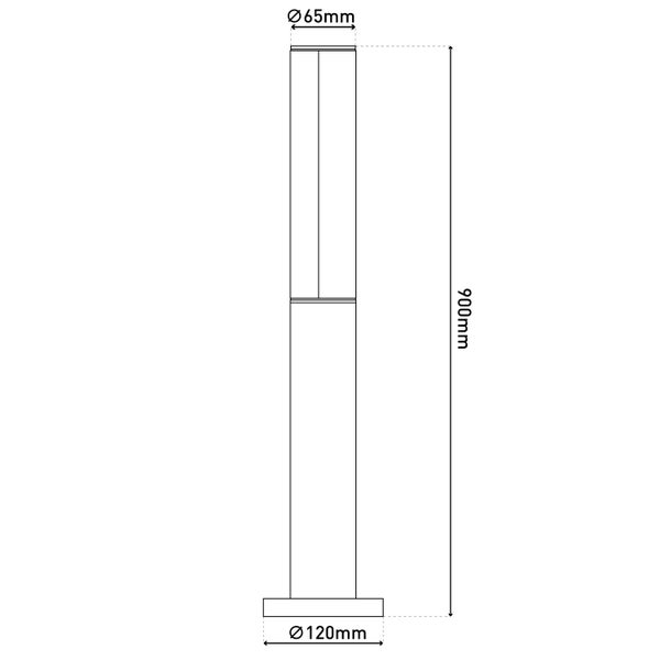 Abmessungen einer Sockelleuchte: 65 mm Durchmesser oben, 120 mm Durchmesser unten, 900 mm Höhe