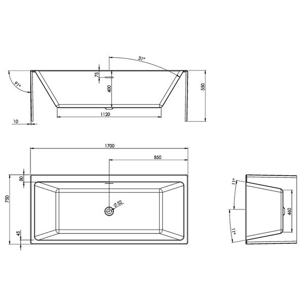 Technische Zeichnung einer Badewanne mit Maßangaben