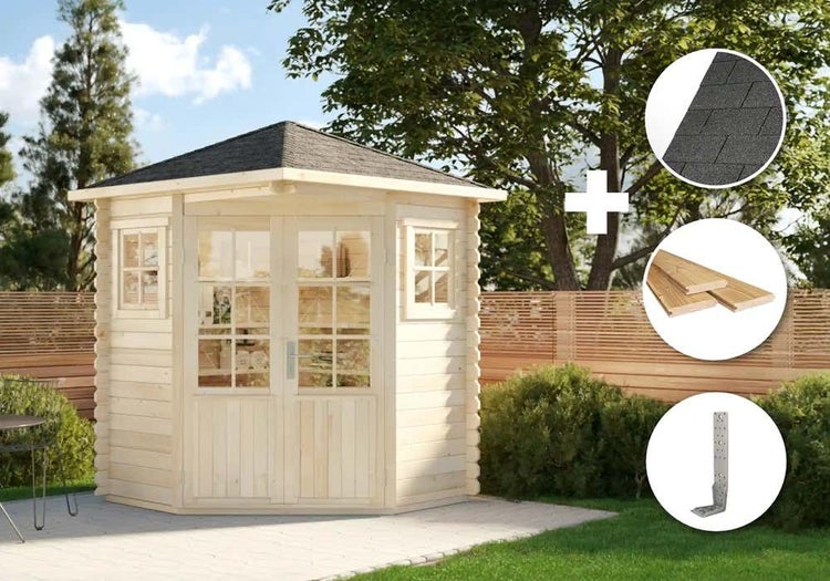 Eck-Gartenhaus aus Holz mit Doppeltür, Fenstern und Schindeldach sowie Detailansichten von Bodenbrettern und Sturmwinkel.