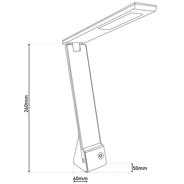 Skizze einer Schreibtischleuchte mit den Maßen 260 mm Höhe, 60 mm Tiefe und 50 mm Breite.