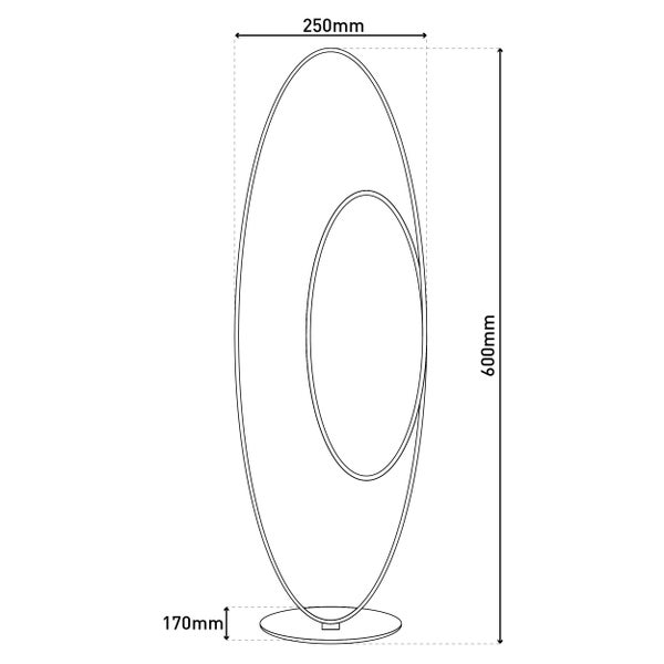 Abbildung einer Stehlampe mit den Maßen 250 mm Breite, 600 mm Höhe und 170 mm Sockelhöhe