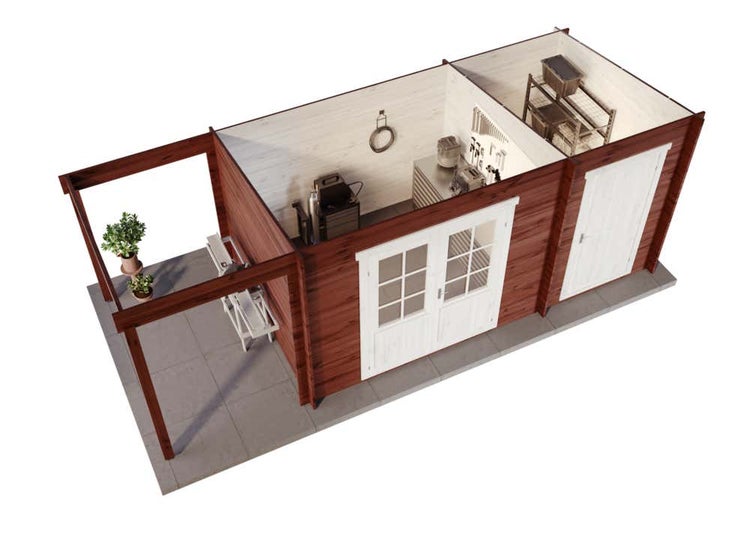 Alpholz Pultdach Gartenhaus Maria mit Anbau & Schleppdach Gartenhaus aus Holz, Holzhaus mit 40 mm Wandstärke inklusive Schleppdach, Blockbohlenhaus mit Montagematerial, Naturbelassen 4,5x2,5m