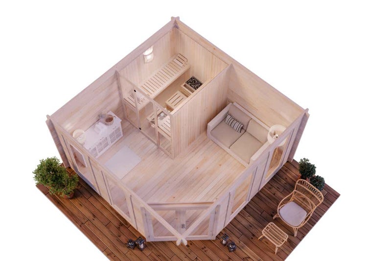 Modernes, helles Gartenhaus aus Holz mit integrierter Sauna, Wohnbereich mit Sofa, Schrank und großen Glasfronten auf einer Holzterrasse.