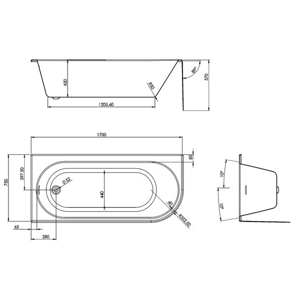 Technische Zeichnung einer Badewanne mit Maßangaben.