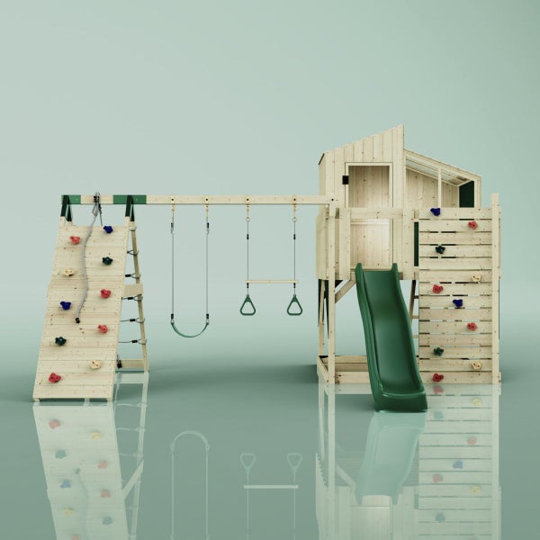 Spielturm mit Rutsche, Schaukel und Kletterwand für den Garten