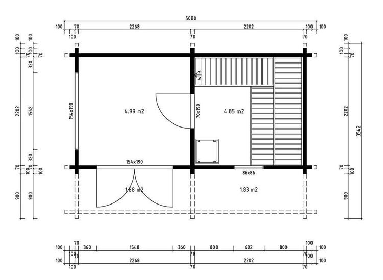 Detaillierter Grundriss eines Gartenhauses mit zwei Innenräumen und einer Terrasse inklusive Maßangaben in Millimetern.
