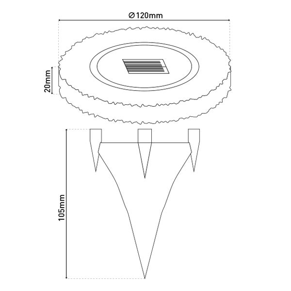 Technische Zeichnung einer Gartenleuchte mit Erdspieß und den Maßen 120 mm Durchmesser und 105 mm Höhe.