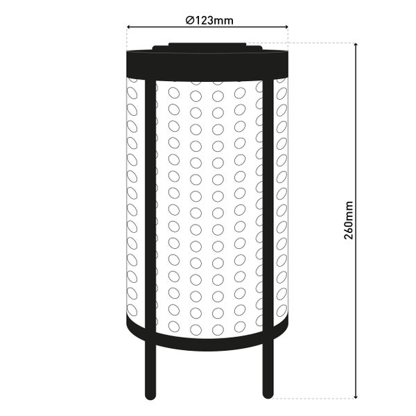 Abmessungen einer zylinderförmigen Leuchte: 123 mm Durchmesser, 260 mm Höhe