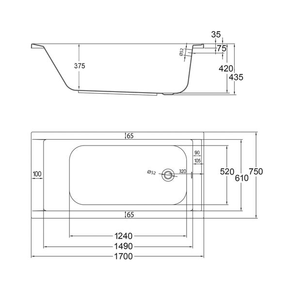 Technische Zeichnung einer Badewanne mit Maßangaben