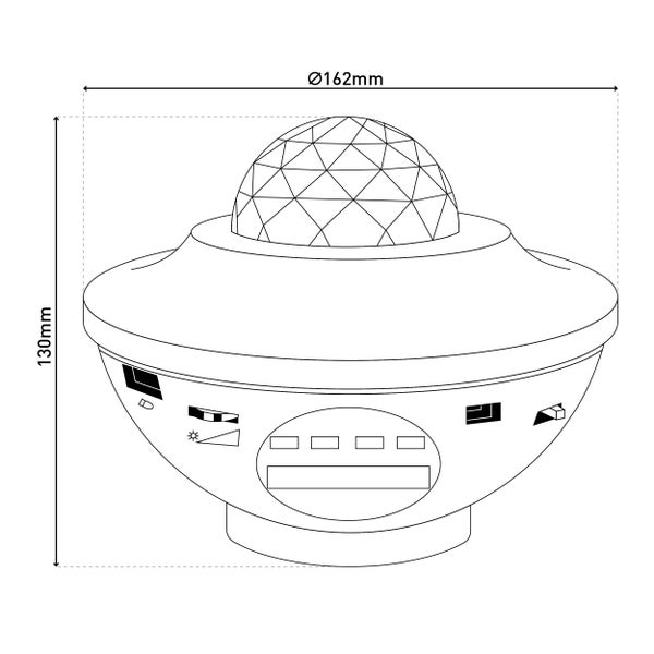Skizze eines Nachtlichtprojektors mit den Maßen 130 mm Höhe und 162 mm Durchmesser