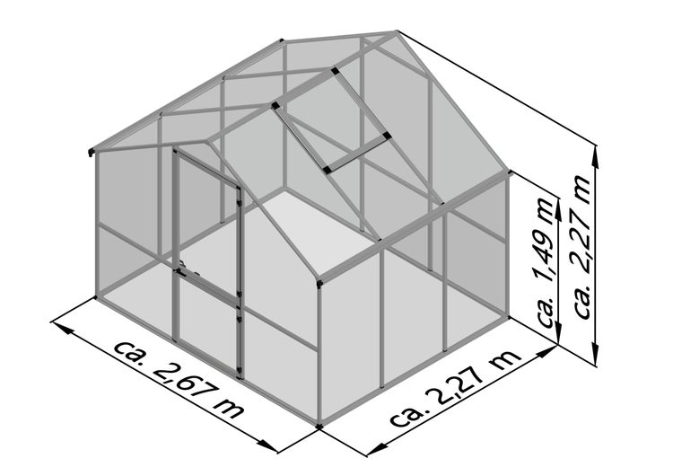 Maßzeichnung Gewächshaus: Breite circa 2,67 Meter, Tiefe circa 2,27 Meter, Firsthöhe circa 2,27 Meter, Seitenwandhöhe circa 1,49 Meter.