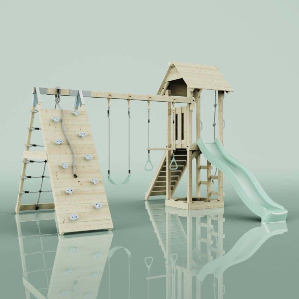 Spielturm aus Holz mit Kletterwand, Rutsche, Schaukel, Turnringen und erhöhtem Spielhaus für den Garten.