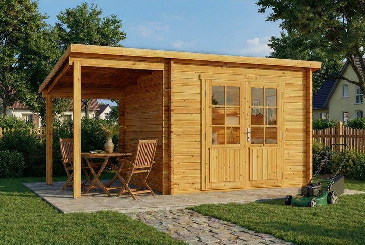 Holzgartenhaus mit Schleppdach und Doppeltür auf einer Terrasse, platziert in einem Garten mit Rasen, Pflasterweg und Rasenmäher.