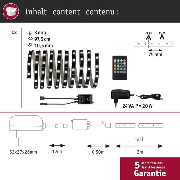 YourLED LED Strip Lights and Sound für musikgesteuerten Farbwechsel 3m beschichtet 17,8W 40 LEDs/m RGB 18VA