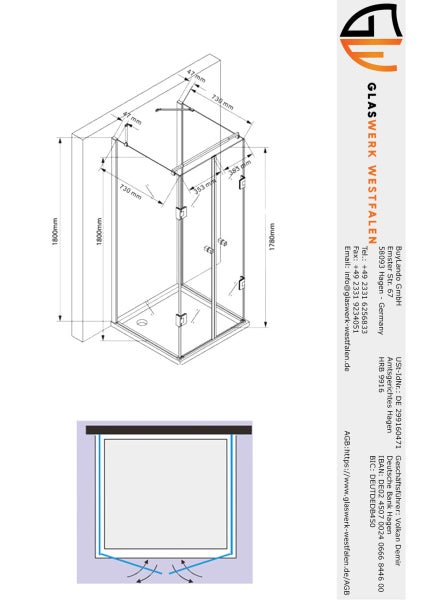Technische Zeichnung einer Duschkabine mit Maßangaben