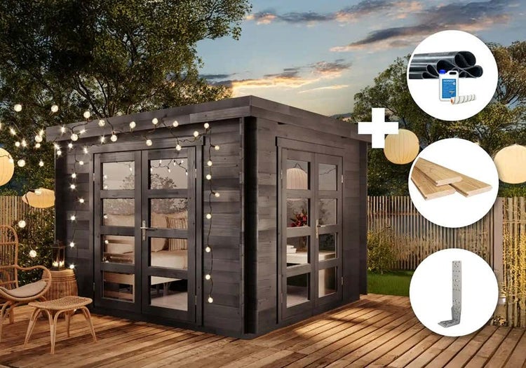 Modernes Gartenhaus aus Holz in Grau mit Glasdoppeltüren, inklusive EPDM-Dachfolie, Fußbodendielen und Metall-Winkelverbinder.