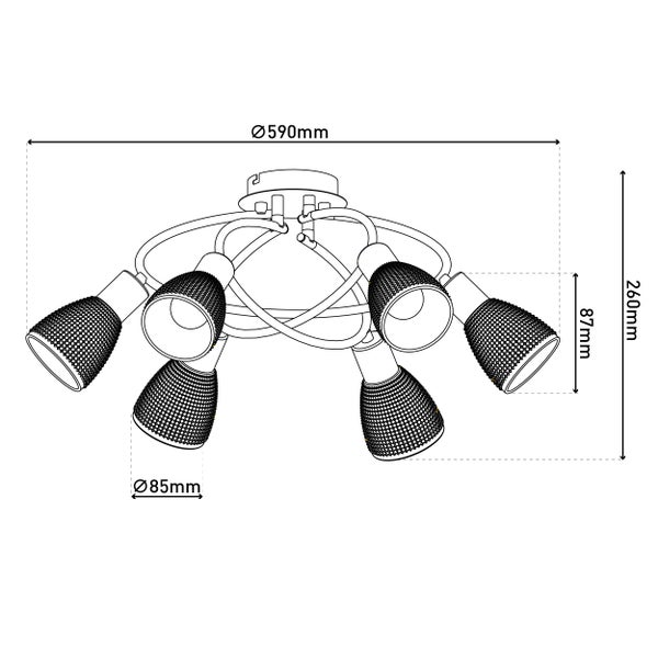Technische Zeichnung einer Deckenleuchte mit sechs Strahlern und Maßangaben